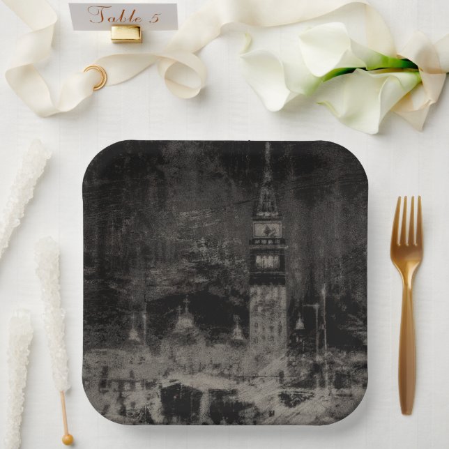 Assiettes En Carton Noir et Taupe en survol Skyline Venise Italie (Mariage)
