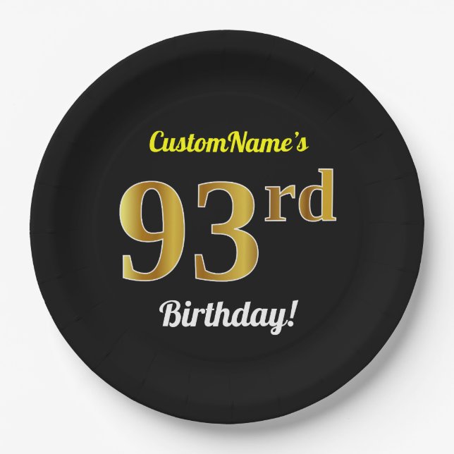 Assiettes En Carton Noir, Faux Gold 93ème anniversaire + Nom personnal (Devant)