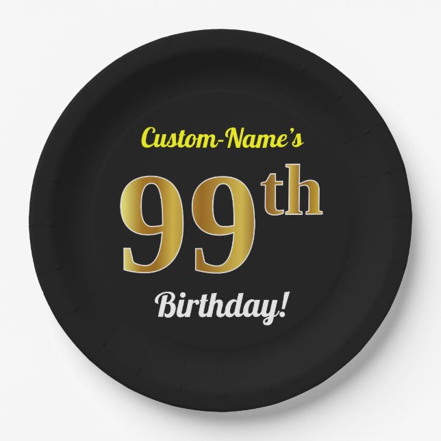 Assiettes En Carton Noir, Faux Gold 99e anniversaire + Nom personnalis (Devant)