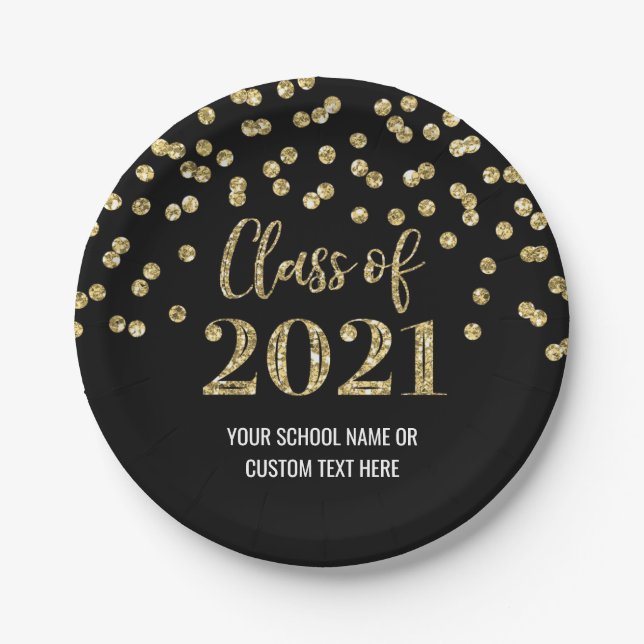 Assiettes En Carton Noir Gold Confetti Graduation 2021 (Devant)