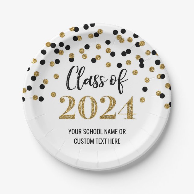 Assiettes En Carton Noir Gold Confetti Graduation 2024 (Devant)