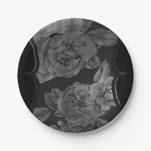 Assiettes En Carton Noir Gris Argent Vintage Élégant Glamour Floral