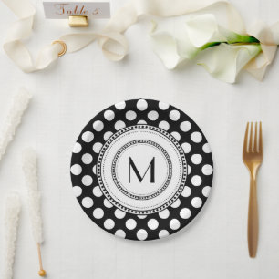 Assiettes En Carton Noir   Monogramme blanc Pois