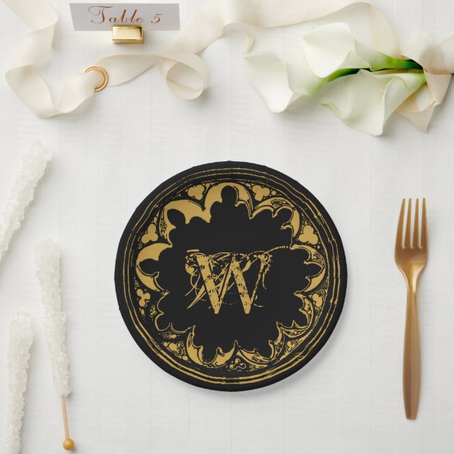 Assiettes En Carton Noir & Or Rustique Vintage détendu Monogramme (Mariage)