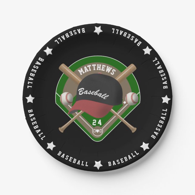 Assiettes En Carton Noir| Red Baseball Diamond Bats Bats Nom du Casque (Devant)