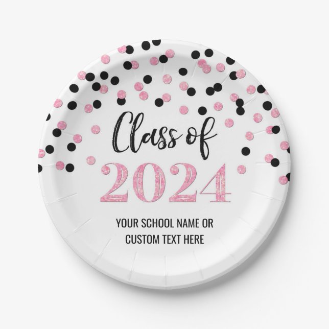 Assiettes En Carton Noir rose Confetti Graduation 2024 (Devant)