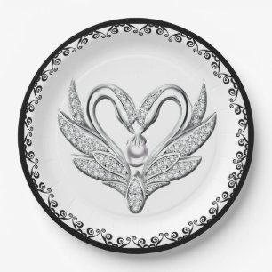 Assiettes En Carton Noir Ruban Swans d'argent Plaque de papier