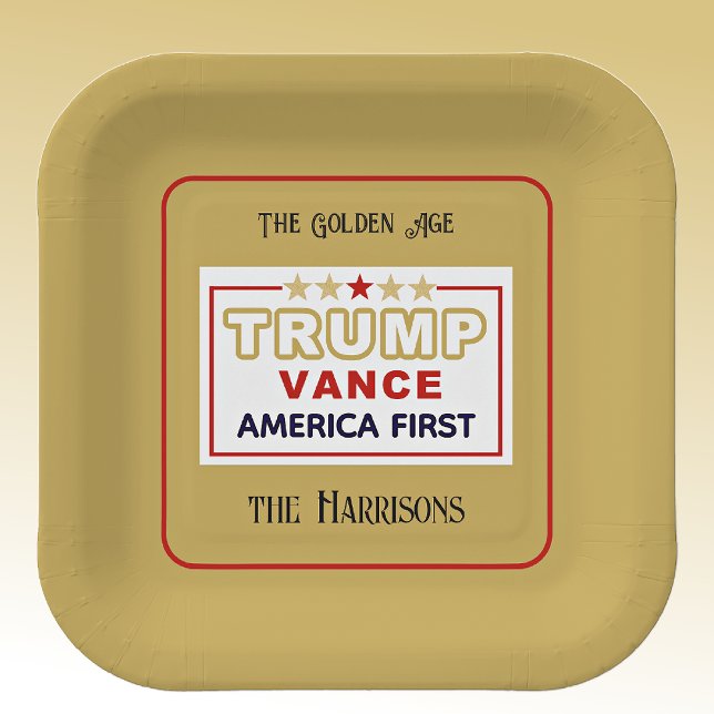 Assiettes En Carton Nom, 2025 Trump-Vance America First, 7 en Carré (Créateur téléchargé)
