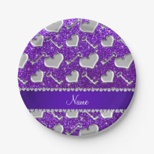 Assiettes En Carton Nom coeur argent clés indigo violet parties scinti