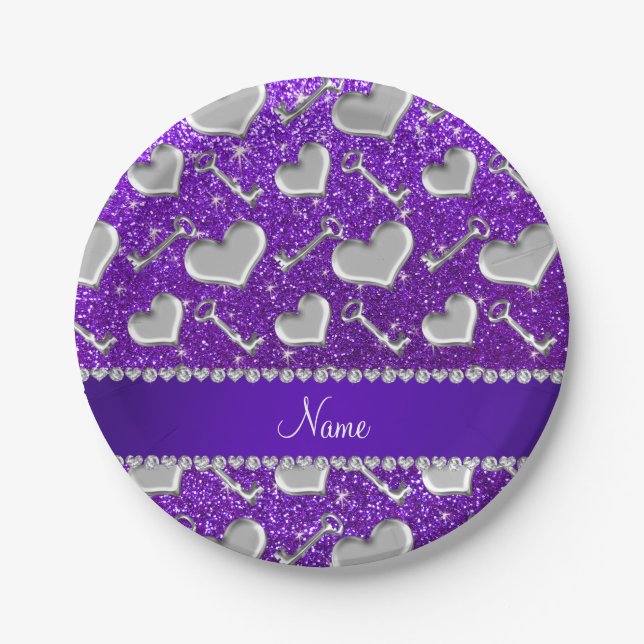 Assiettes En Carton Nom coeur argent clés indigo violet parties scinti (Devant)
