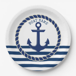 Assiettes En Carton Nom de bateau nautique, ancre bleu marine rayé