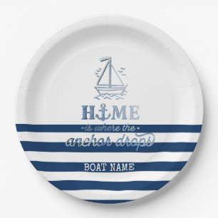 Assiettes En Carton Nom de bateau nautique, ancre rayée bleu marine