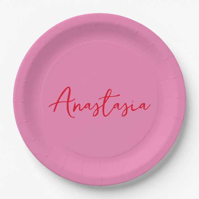 Assiettes En Carton Nom de calligraphie professionnelle rose personnal (Devant)