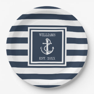 Assiettes En Carton Nom de famille Ancre de bateau marine rayure bleue