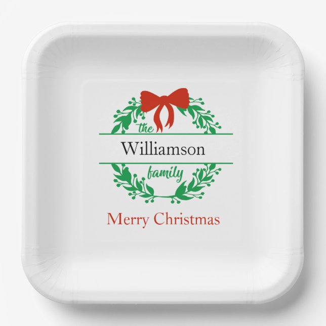 Assiettes En Carton Nom de famille Monogramme Rouge Vert Noël (Recto)