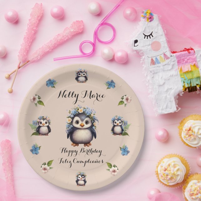 Assiettes En Carton Nom des pingouins mignons Texte bilingue Feliz Cum (Fête)
