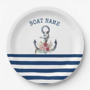 Assiettes En Carton Nom du bateau, fleurs d'ancre bleu marine rayé