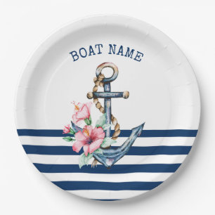 Assiettes En Carton Nom du bateau, Fleurs d'ancre rayures bleu marine