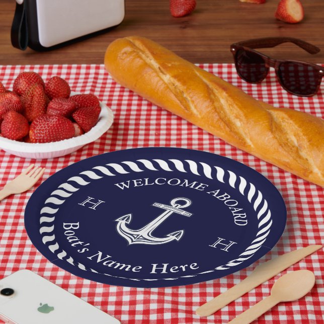 Assiettes En Carton Nom du bateau nautique Ancre Corde Marine Bleu Bla (Pique-nique)