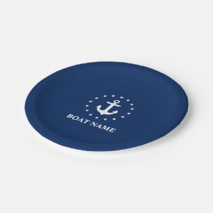 Assiettes En Carton Nom du bateau nautique Ancre Étoiles Marine Bleu
