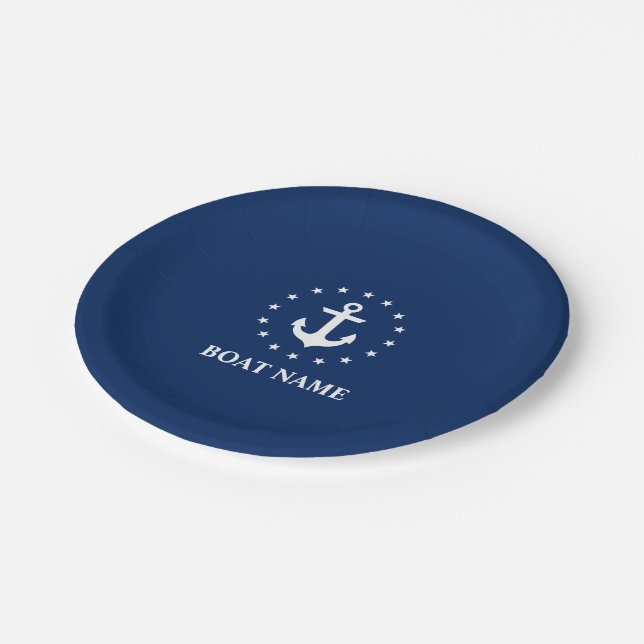 Assiettes En Carton Nom du bateau nautique Ancre Étoiles Marine Bleu (Angle)
