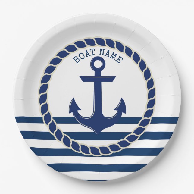 Assiettes En Carton Nom du bateau nautique, Ancre Marine Bleu rayé (Devant)