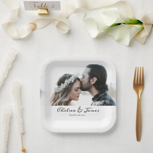 Assiettes En Carton Nom du Mariage de calligraphie photo élégante pers (Mariage)