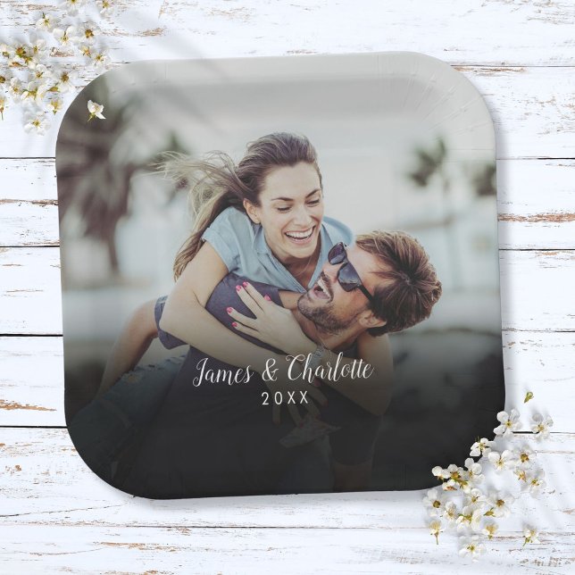 Assiettes En Carton Nom du script photo personnalisé Date (Personalized Photo Script Name Date Paper Plates)