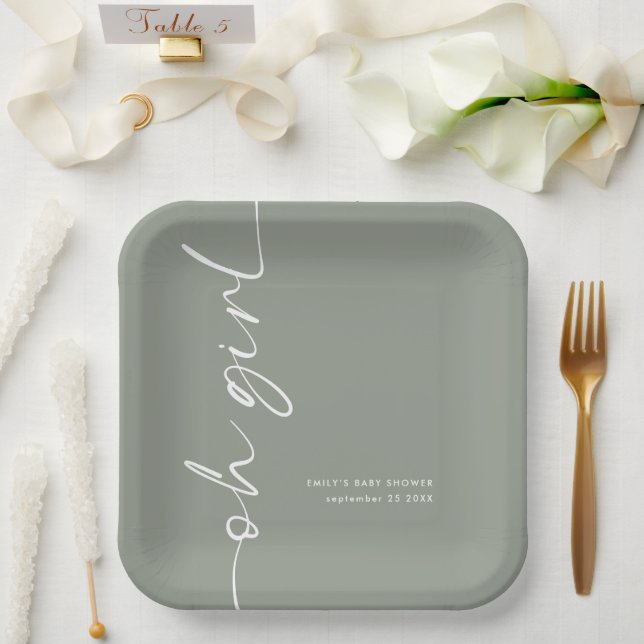Assiettes En Carton Nom du script pivoté Sage Oh Girl Baby shower (Mariage)