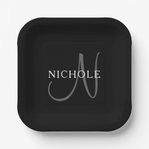 Assiettes En Carton Nom élégant Monogramme   Blanc noir et gris