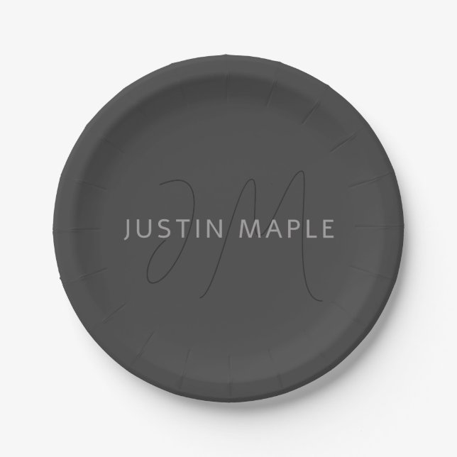 Assiettes En Carton Nom et monogramme du cool | gris foncé (Devant)