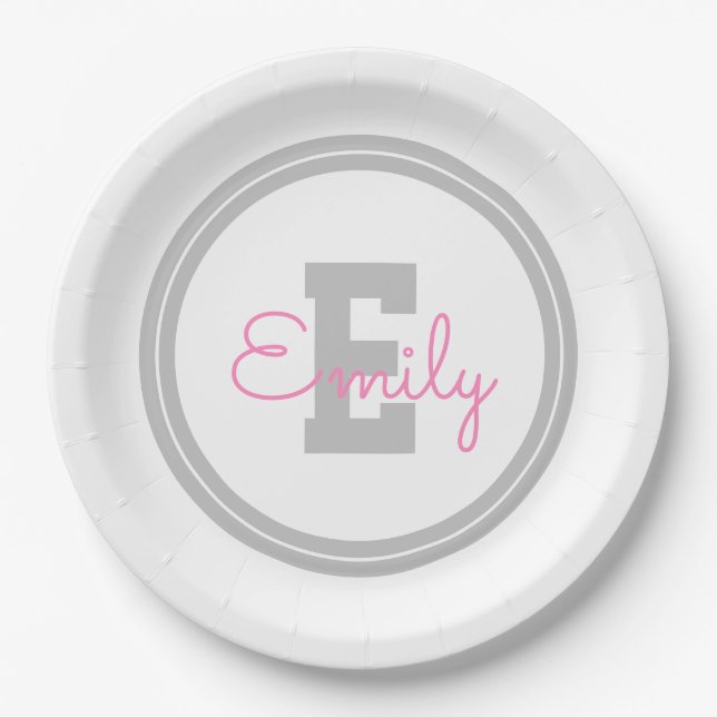 Assiettes En Carton Nom et monogramme encadrés | Gris clair et rose (Devant)
