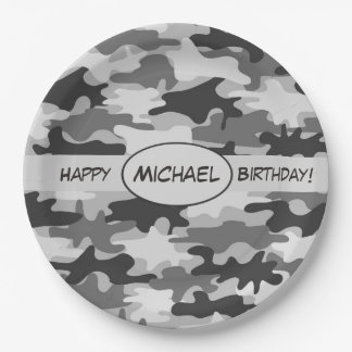 Assiettes En Carton Nom gris de joyeux anniversaire de camouflage
