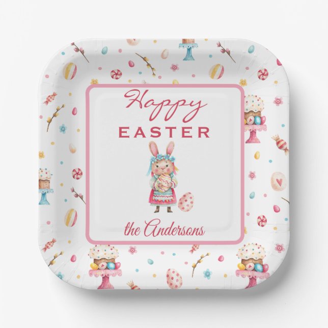 Assiettes En Carton Nom, Happy Easter Spring Plaques papier Carrés 7 p (Recto)