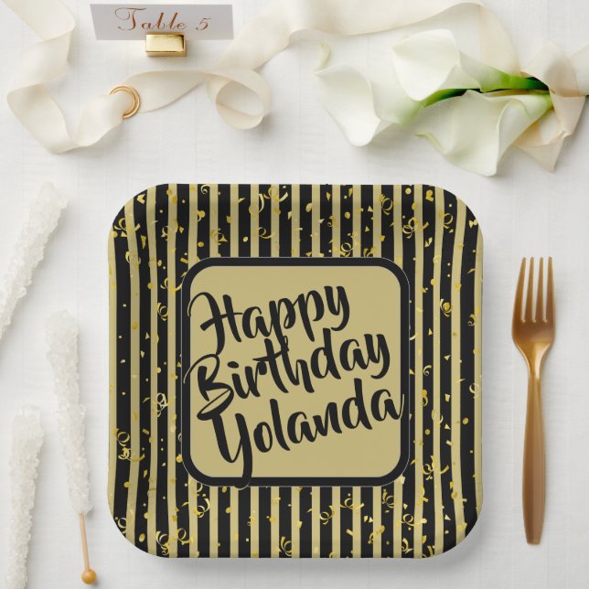 Assiettes En Carton Nom Joyeux Anniversaire Noir/Gold Stripes Motif (Mariage)