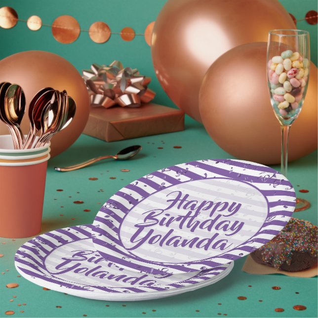 Assiettes En Carton Nom Joyeux Anniversaire Purple Simple Stripes Moti (Multi)