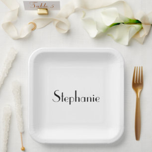 Assiettes En Carton Nom Monogram Modèle noir blanc personnalisé