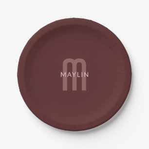 Assiettes En Carton Nom Monogramme d'apparence moderne   Rouge marron