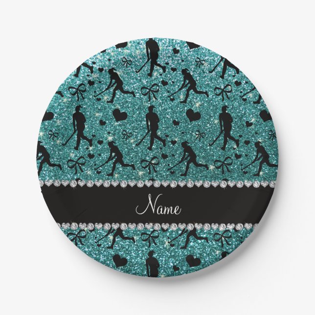Assiettes En Carton Nom parties scintillant turquoise coeur de hockey  (Devant)