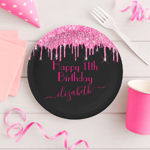 Assiettes En Carton Nom personnalisé + Âge Rose vif Paillettes qui cou