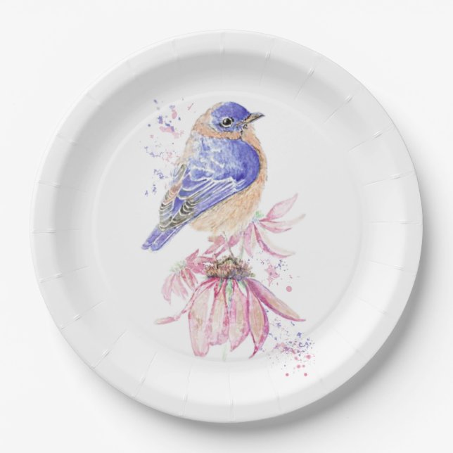Assiettes En Carton Nom personnalisé Aquarelle Bluebird Garden Oiseau  (Devant)