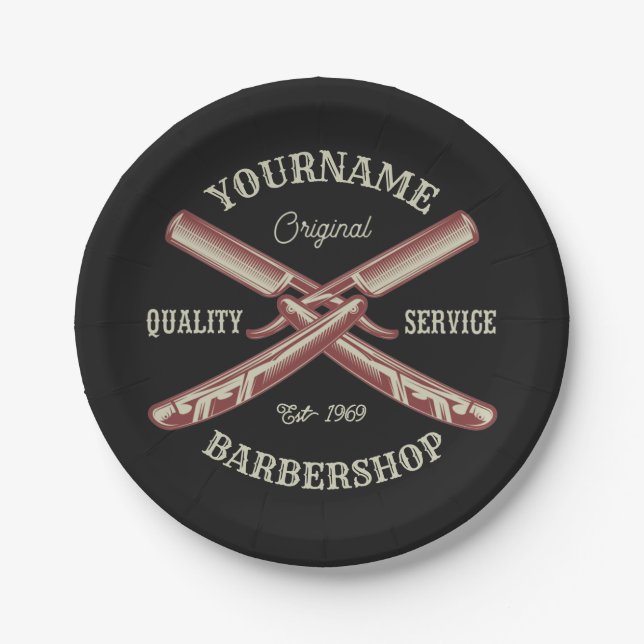 Assiettes En Carton NOM PERSONNALISÉ Barber Droit Razor Barbershop (Devant)