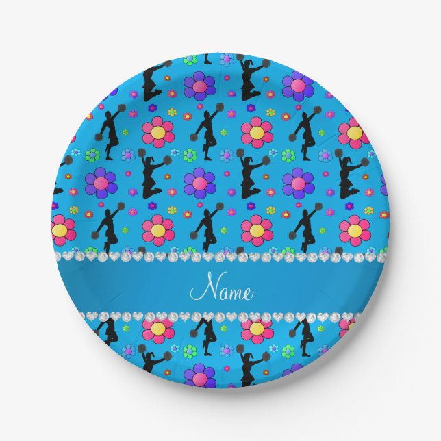 Assiettes En Carton Nom personnalisé bleu ciel fleurs chevelu bleu (Devant)