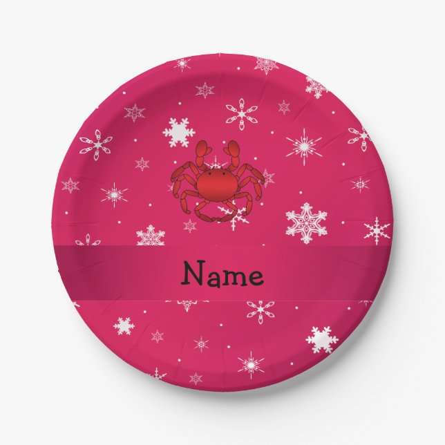 Assiettes En Carton Nom personnalisé crabe rose flocons de neige (Devant)