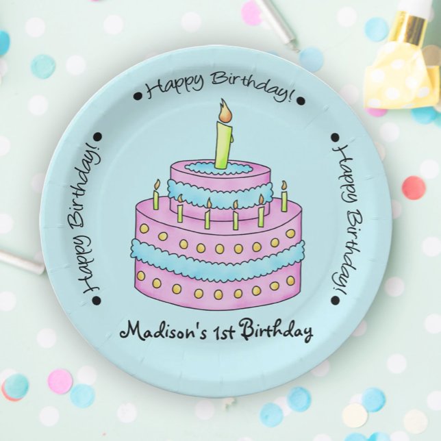Assiettes En Carton Nom personnalisé du gâteau de 1er anniversaire du  (Celebrate a first birthday and make it special with easy to edit name personalization!)