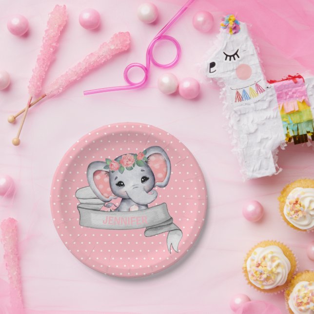 Assiettes En Carton Nom personnalisé Elephant Baby Girl Rose & Grey (Fête)