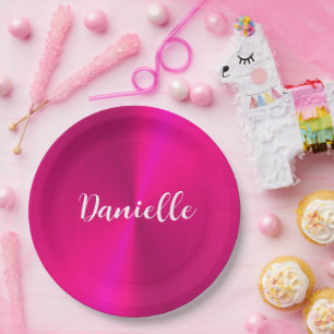 Assiettes En Carton Nom personnalisé en faux métal rose