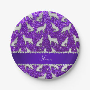 Assiettes En Carton Nom personnalisé loup argenté indigo violet part