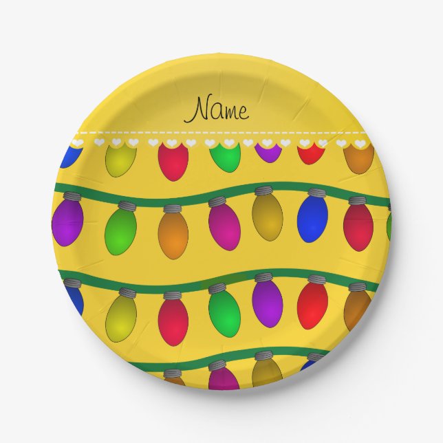 Assiettes En Carton Nom personnalisé lumières de Noël jaune (Devant)