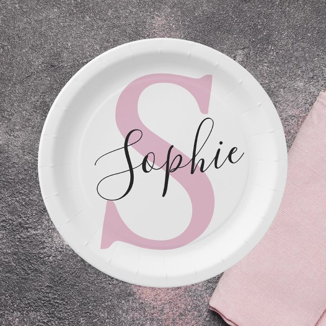 Assiettes En Carton Nom personnalisé moderne Monogramme rose (Créateur téléchargé)
